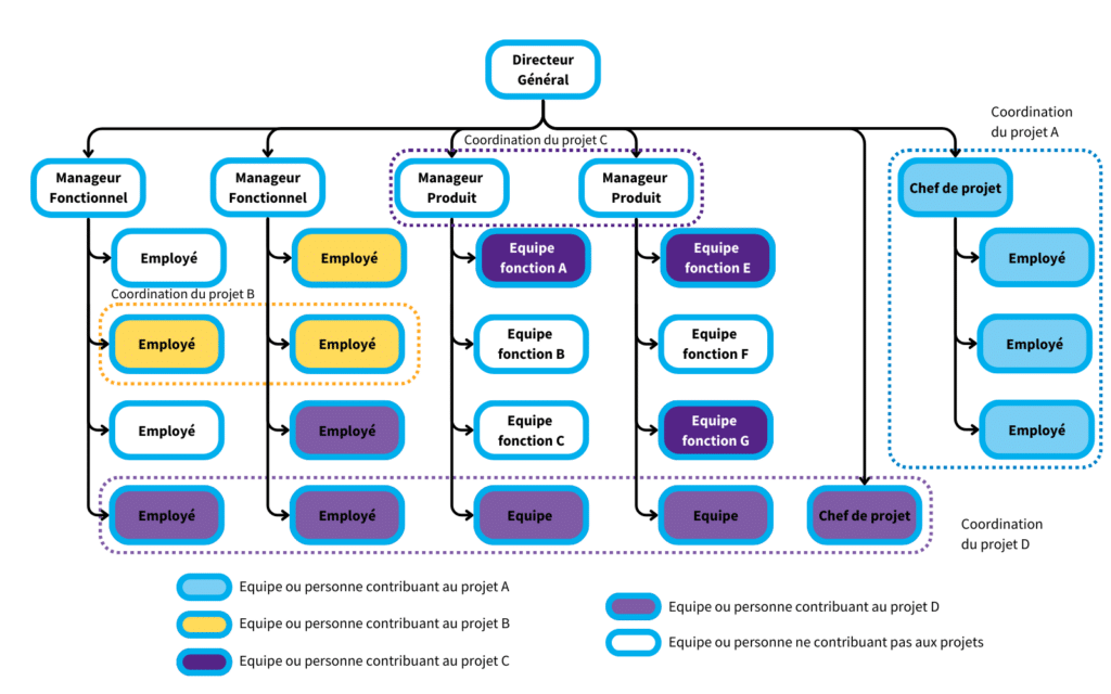 Schéma représentant une structure d'organisation d'entreprise composite avec une double organisation fonctionnel et produit et différents niveaux d'organisation projet.